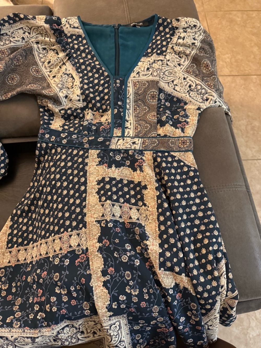 Sugarlips Navy and Cream Patchwork Print Dress